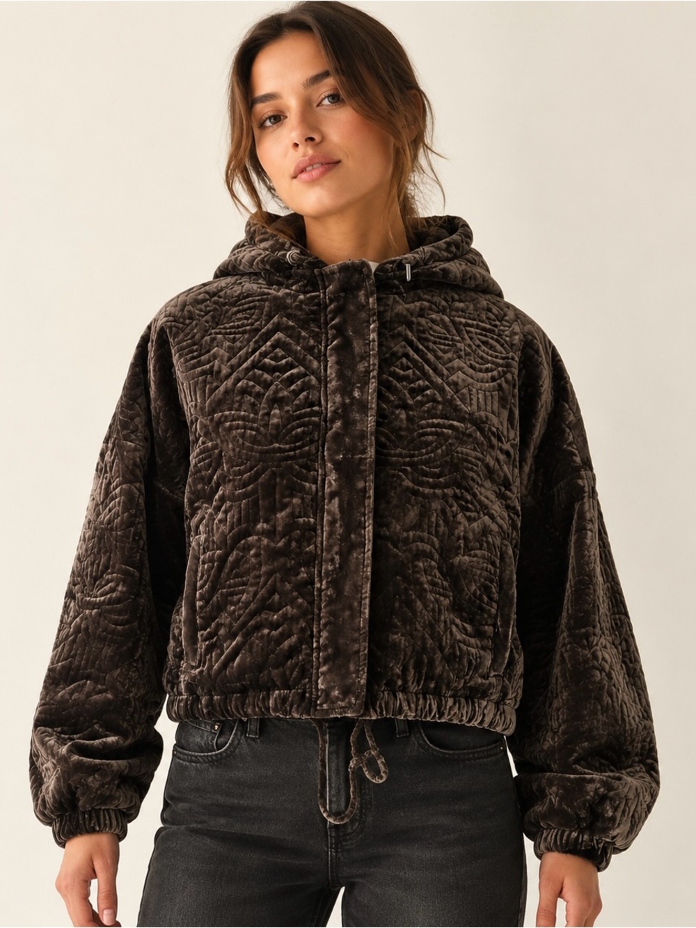 Silence + Noise Geo Quilted Velvet Hooded Jacket Brown XS/S UO EUC